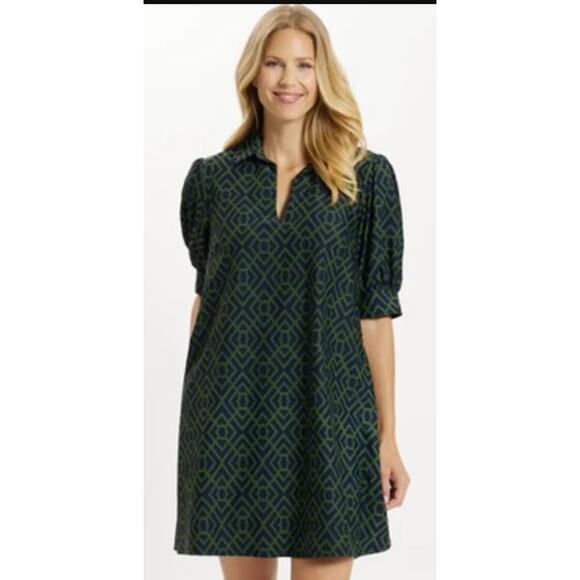 JUDE CONNALLY Emerson Puff Sleeve Mini Dress Small Garden Lattice Navy Green - Picture 3 of 12